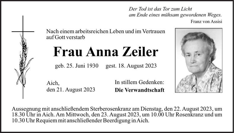Traueranzeige Anna Zeiler