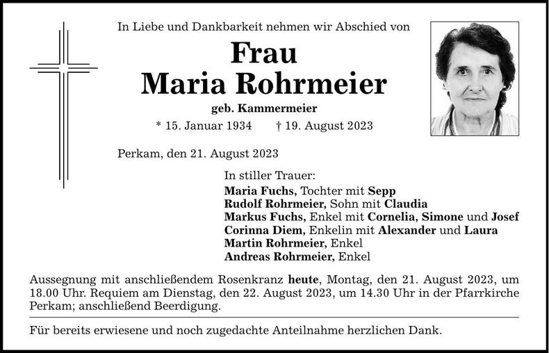 Traueranzeige Maria Rohrmeier