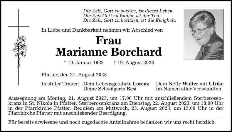 Traueranzeige Marianne Borchard