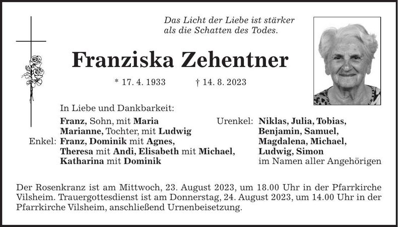 Traueranzeige Franziska Zehentner