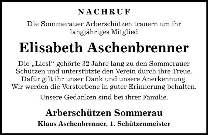 Traueranzeige Elisabeth Aschenbrenner
