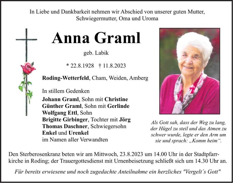 Traueranzeige Anna Graml