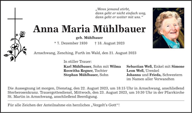 Traueranzeige Anna Maria Mühlbauer