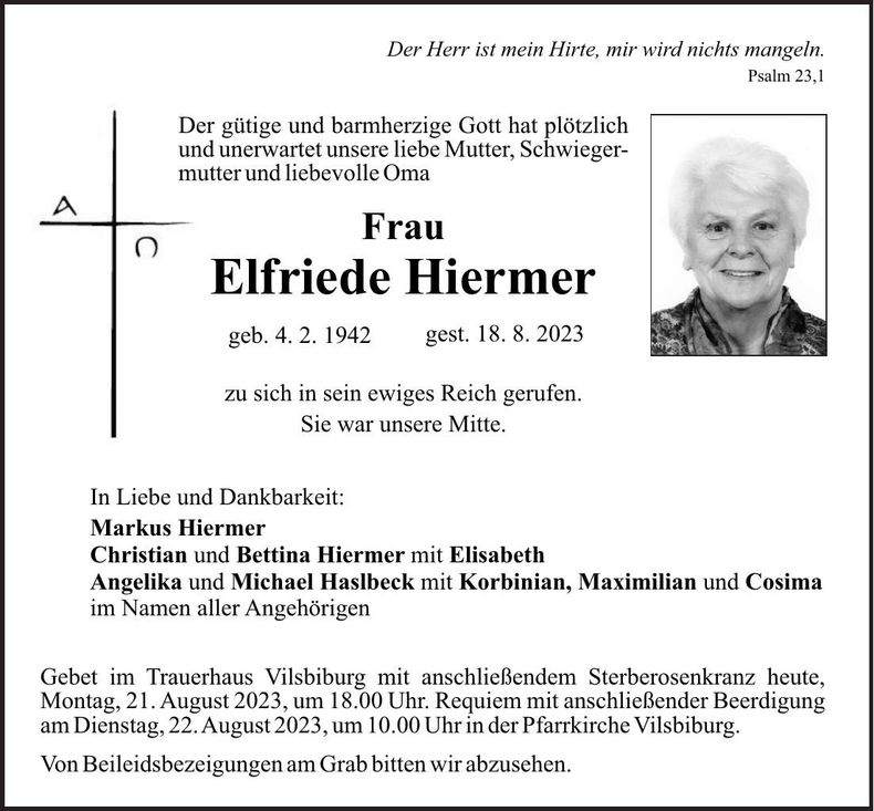 Traueranzeige Elfriede Hiermer