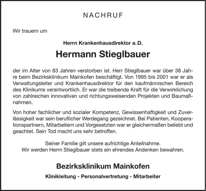 Traueranzeige Hermann Stieglbauer