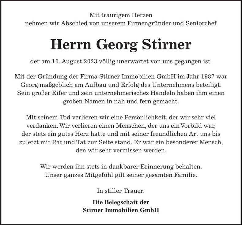 Traueranzeige Georg Stirner