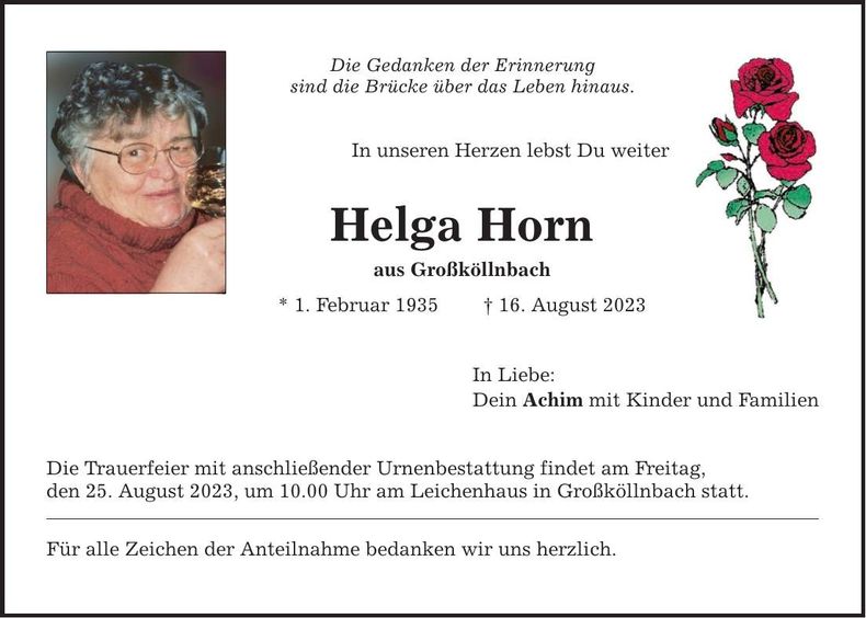 Traueranzeige Helga Horn