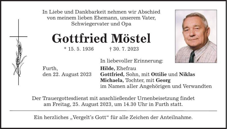 Traueranzeige Gottfried Möstel