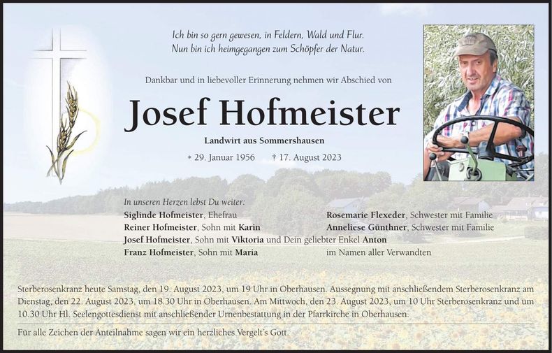 Traueranzeige Josef Hofmeister