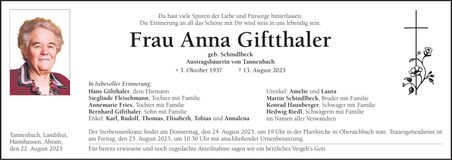 Traueranzeige Anna Giftthaler