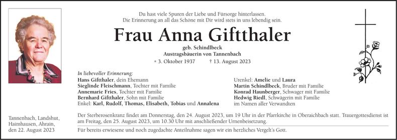 Traueranzeige Anna Giftthaler