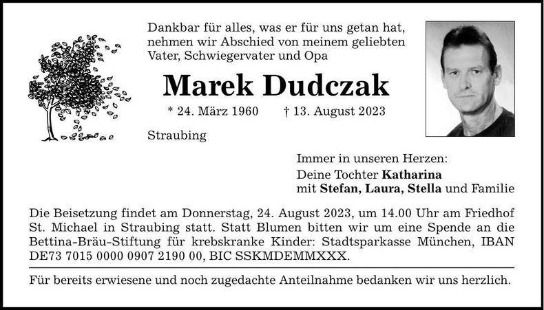 Traueranzeige Marek Dudczak