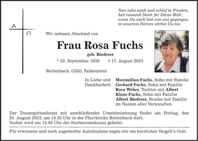 Traueranzeige Rosa Fuchs
