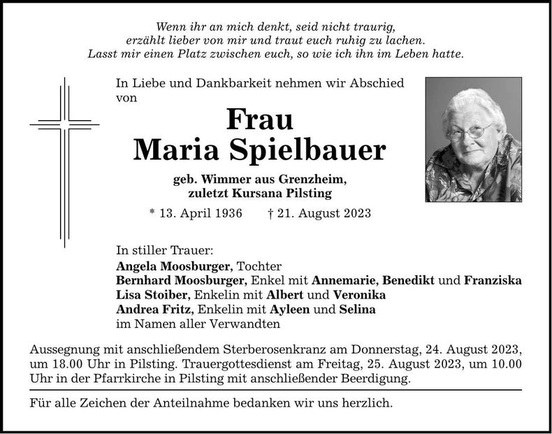 Traueranzeige Maria Spielbauer