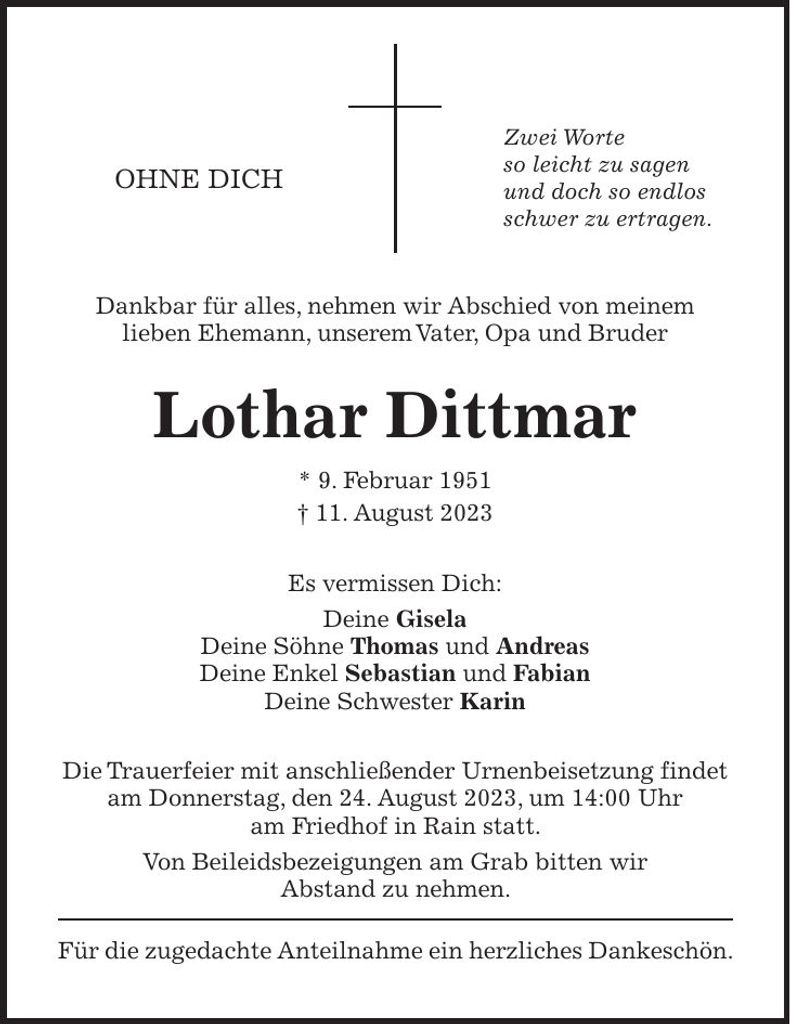 Traueranzeige Lothar Dittmar