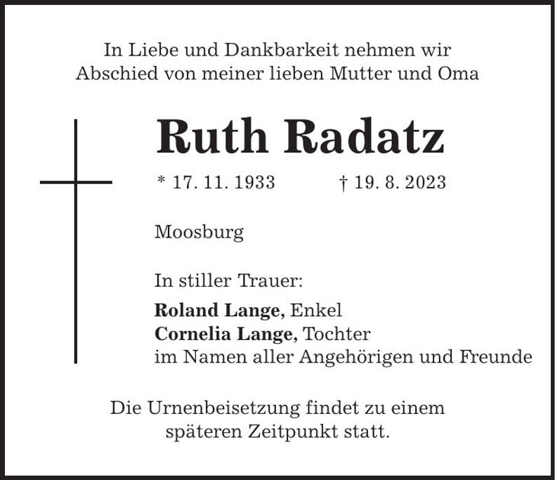 Traueranzeige Ruth Radatz