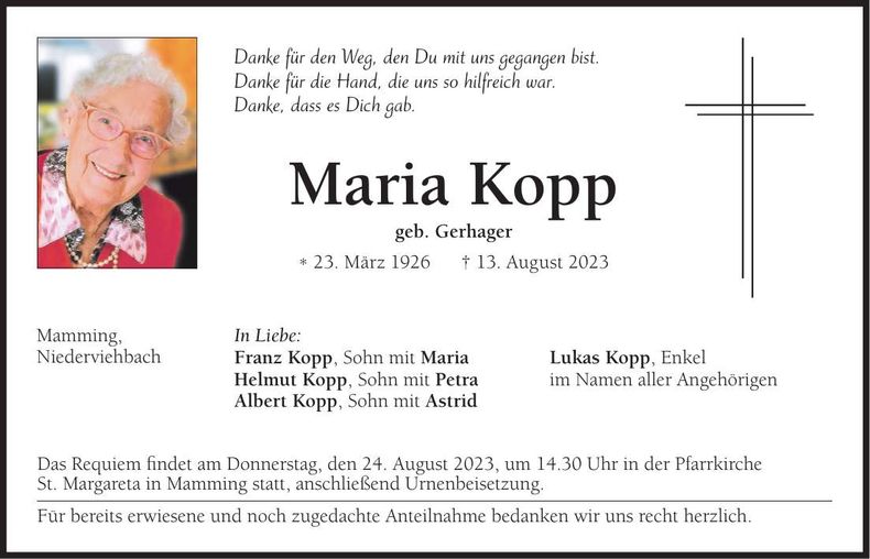 Traueranzeige Maria Kopp