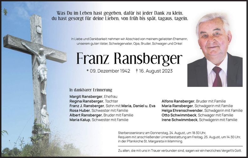 Traueranzeige Franz Ransberger