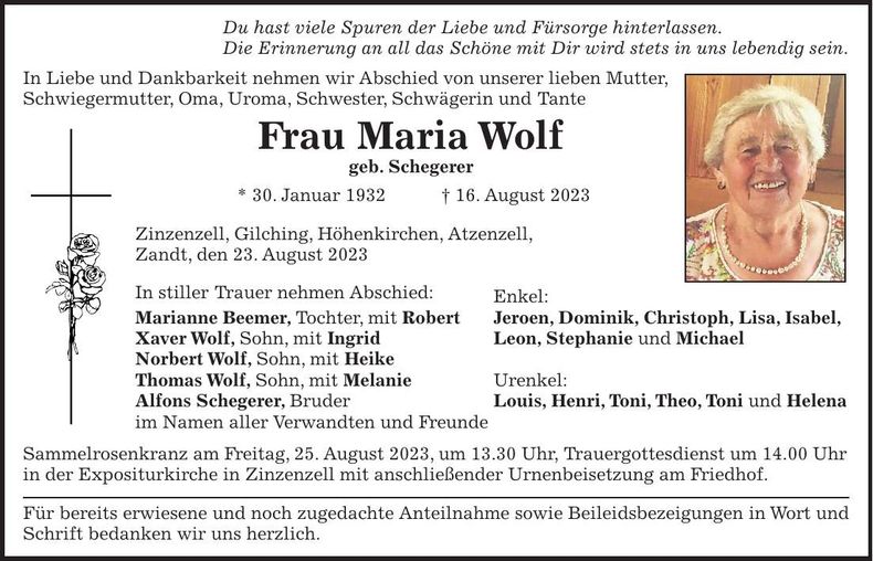 Traueranzeige Maria Wolf