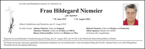 Traueranzeige Hildegard Niemeier