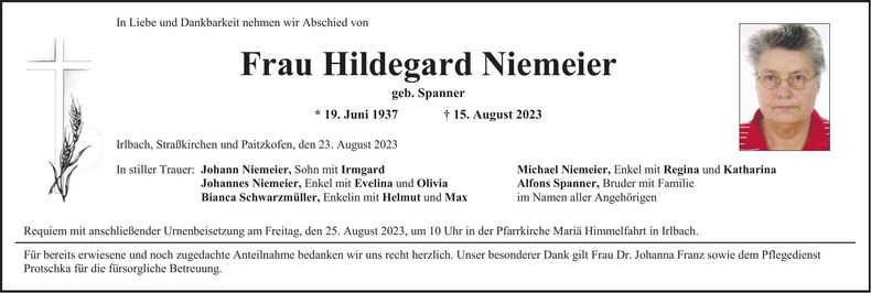 Traueranzeige Hildegard Niemeier