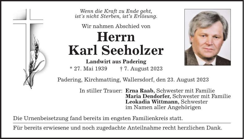 Traueranzeige Karl Seeholzer
