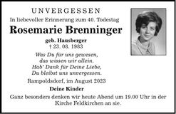 Traueranzeige Rosemarie Brenninger