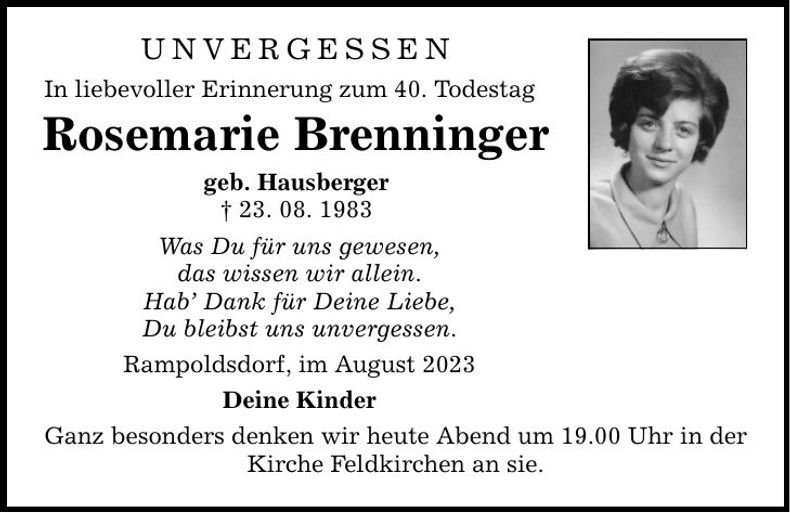 Traueranzeige Rosemarie Brenninger