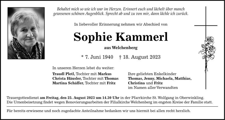 Traueranzeige Sophie Kammerl