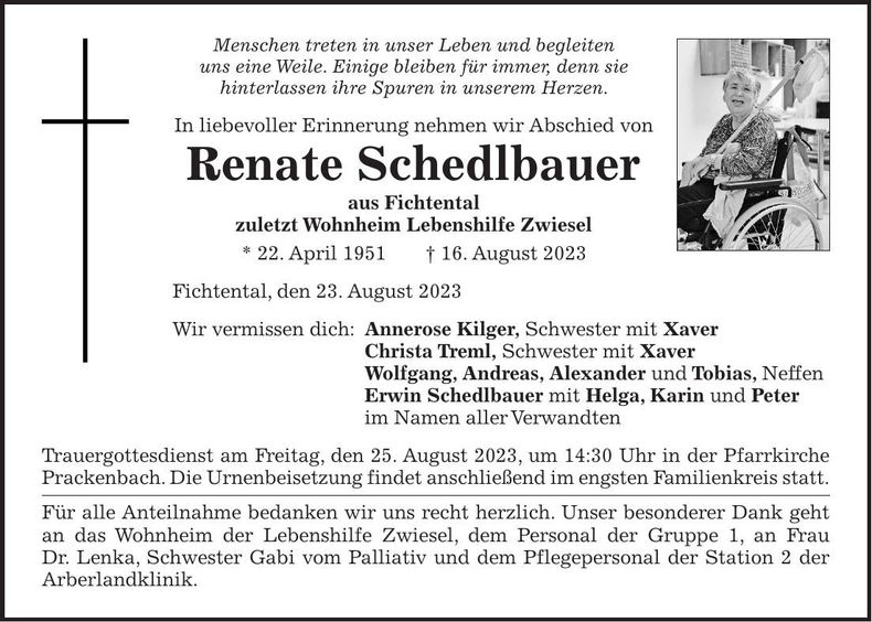 Traueranzeige Renate Schedlbauer