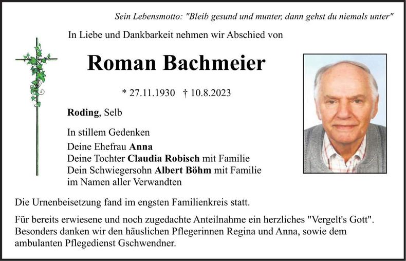 Traueranzeige Roman Bachmeier
