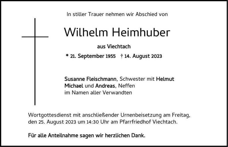 Traueranzeige Wilhelm Heimhuber