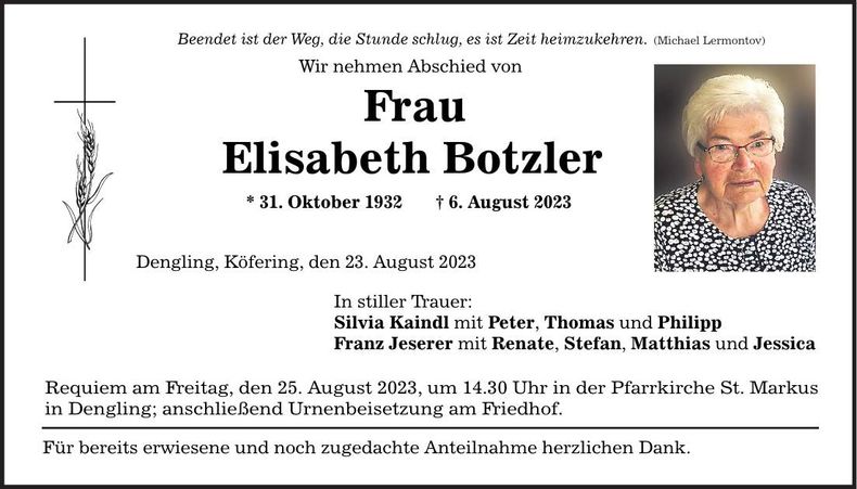 Traueranzeige Elisabeth Botzler