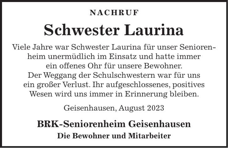 Traueranzeige Laurina Schwester