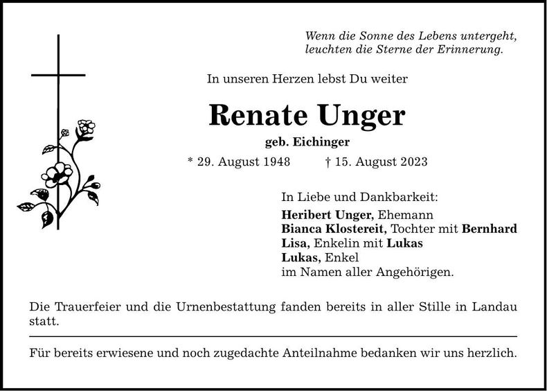 Traueranzeige Renate Unger