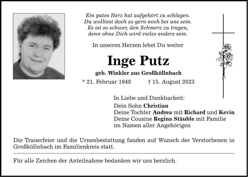 Traueranzeige Inge Putz