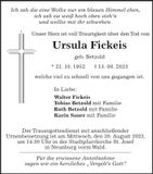 Traueranzeige Ursula Fickeis