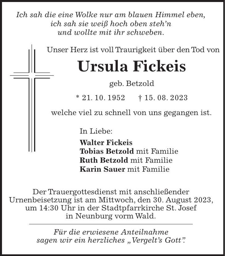 Traueranzeige Ursula Fickeis