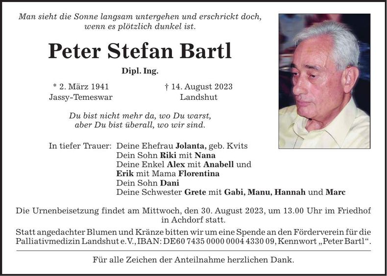 Traueranzeige Peter Stefan Bartl