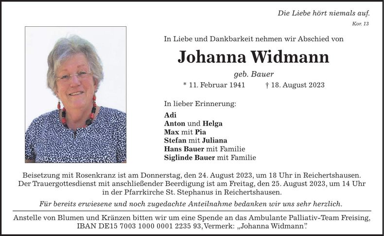 Traueranzeige Johanna Widmann