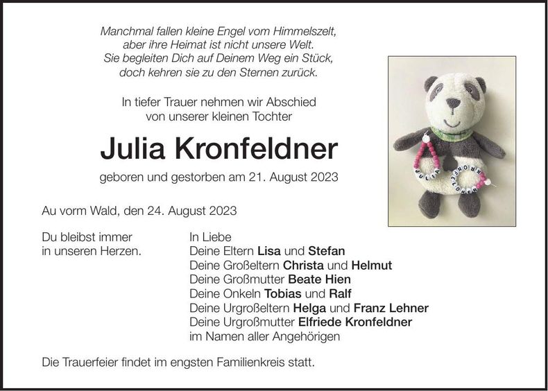 Traueranzeige Julia Kronfeldner