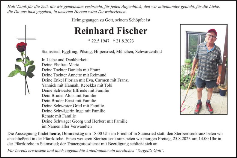 Traueranzeige Reinhard Fischer
