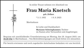 Traueranzeige Maria Knetsch