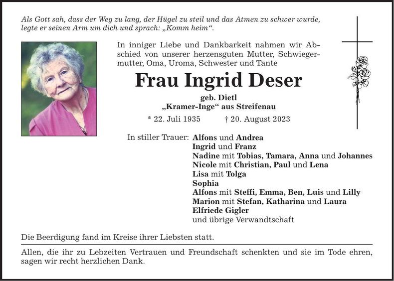 Traueranzeige Ingrid Deser
