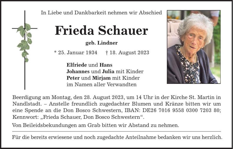 Traueranzeige Frieda Schauer