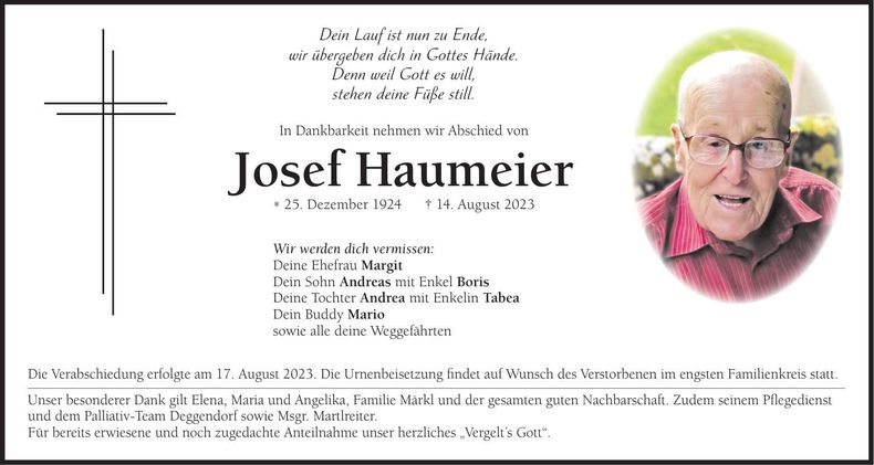 Traueranzeige Josef Haumeier