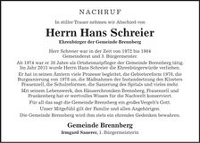 Traueranzeige Hans Schreier