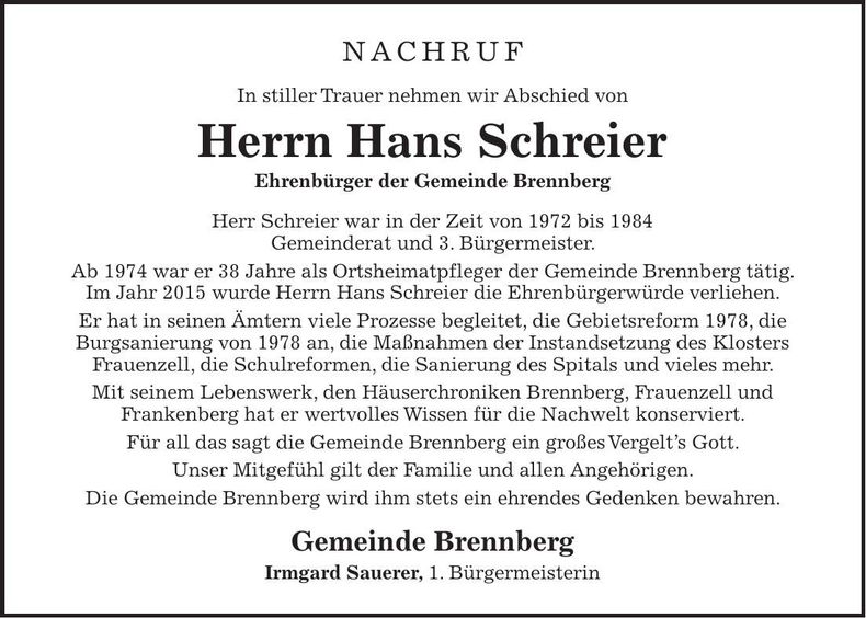 Traueranzeige Hans Schreier