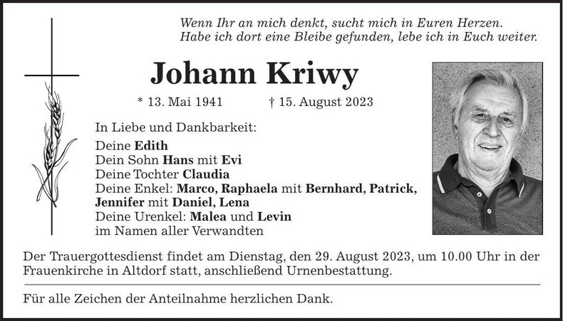 Traueranzeige Johann Kriwy