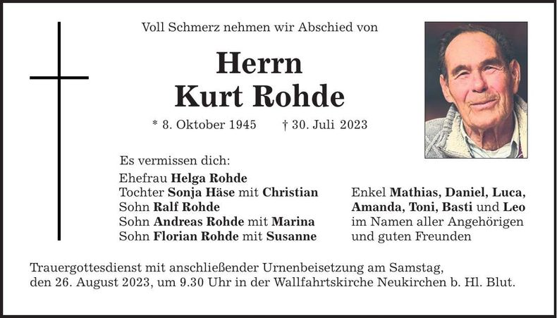 Traueranzeige Kurt Rohde